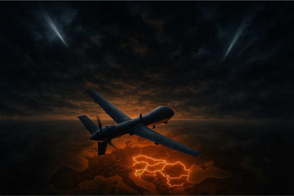 Drone franchissant une frontière aérienne en Europe au crépuscule