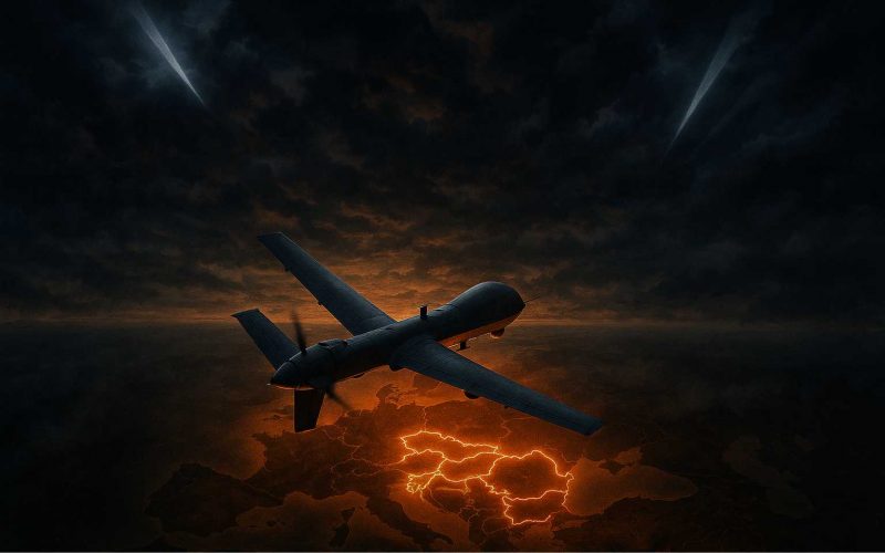 Quand les drones franchissent les frontières : le ciel européen sous tension Drone franchissant une frontière aérienne en Europe au crépuscule